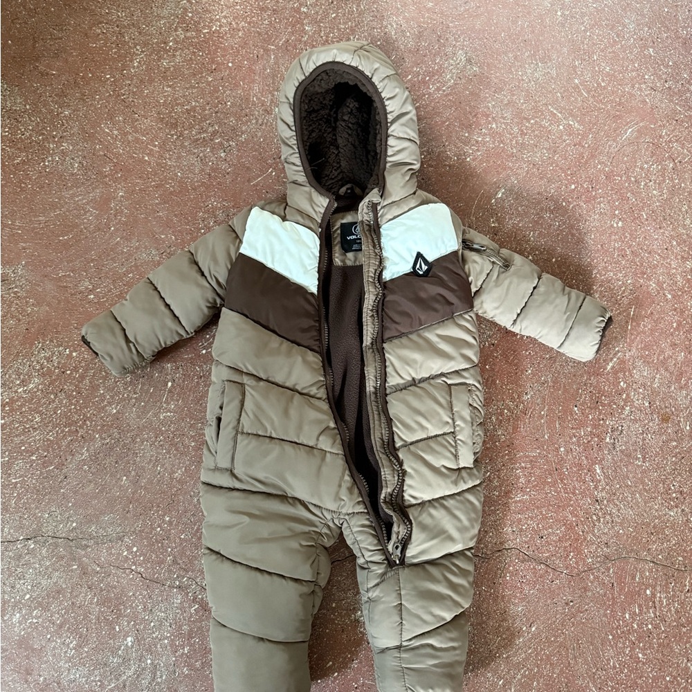 Volcom 18M Hooded One-Piece Snowsuit in Beige, Brown, and White